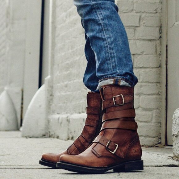 $389 Veronica Tanker Cognac Brown Real Leather Strappy Belted Moto Combat Boots - Picture 14 of 14